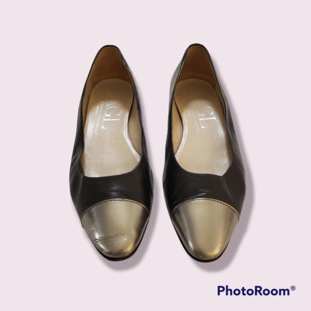 AGL Navy silver cap toe leather ballet flats
